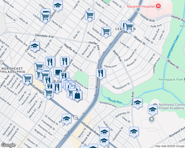 map of restaurants, bars, coffee shops, grocery stores, and more near 7539 Calvert Street in Philadelphia