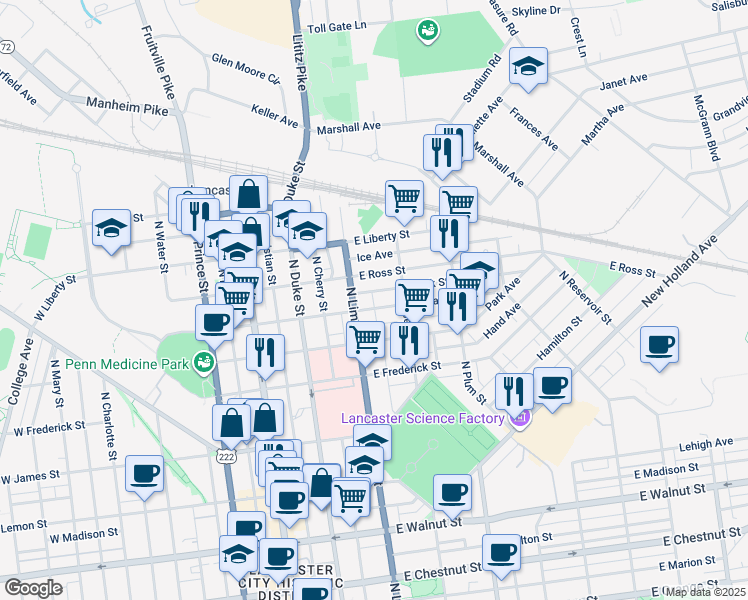 map of restaurants, bars, coffee shops, grocery stores, and more near 223 East Clay Street in Lancaster