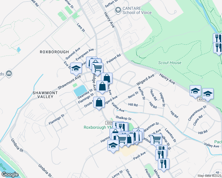 map of restaurants, bars, coffee shops, grocery stores, and more near 7525 Valley Avenue in Philadelphia