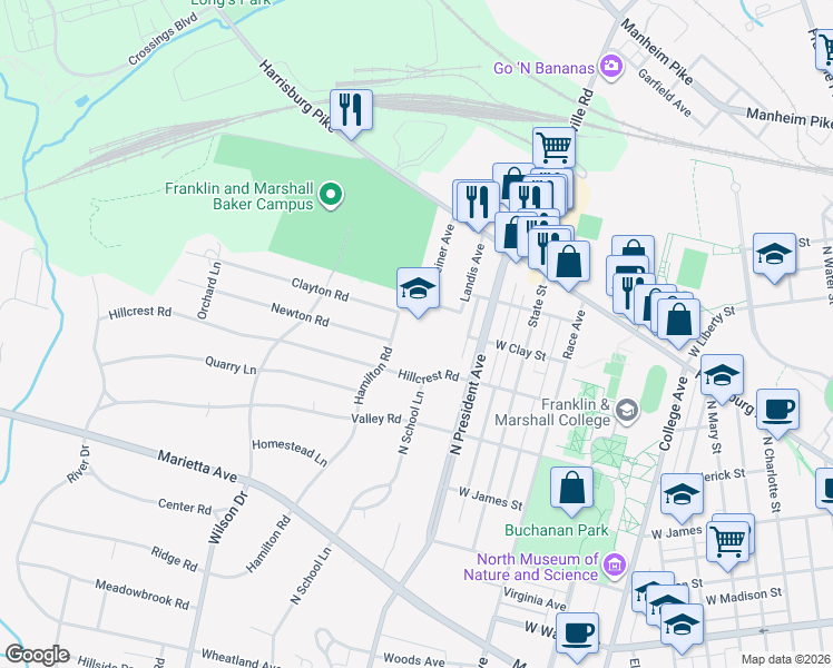 map of restaurants, bars, coffee shops, grocery stores, and more near 725 Hamilton Road in Lancaster
