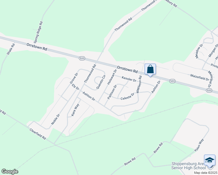 map of restaurants, bars, coffee shops, grocery stores, and more near 325 Holswart Drive in Shippensburg