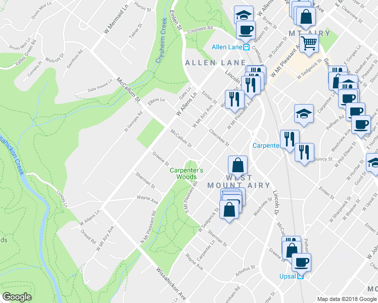 map of restaurants, bars, coffee shops, grocery stores, and more near 7116 McCallum Street in Philadelphia