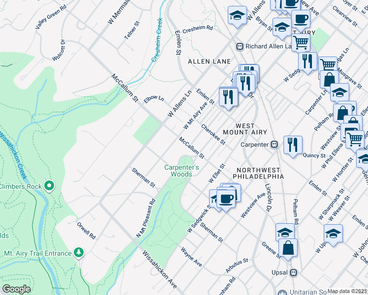 map of restaurants, bars, coffee shops, grocery stores, and more near 7116 McCallum Street in Philadelphia