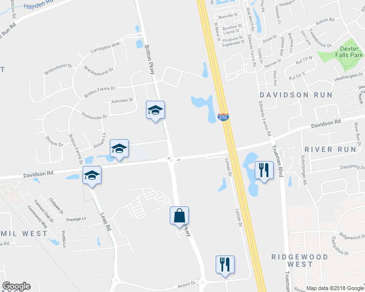 map of restaurants, bars, coffee shops, grocery stores, and more near 4770 Britton Parkway in Hilliard