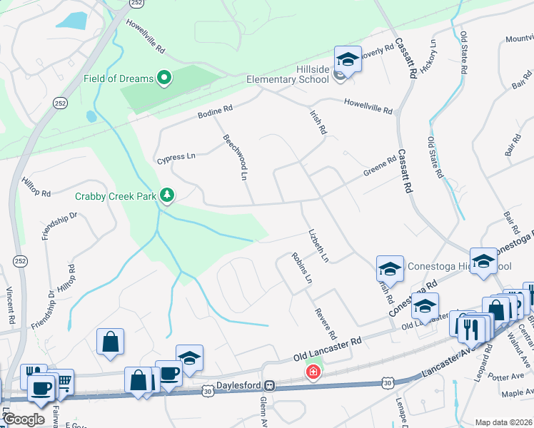 map of restaurants, bars, coffee shops, grocery stores, and more near 60 Oak Lane in Berwyn