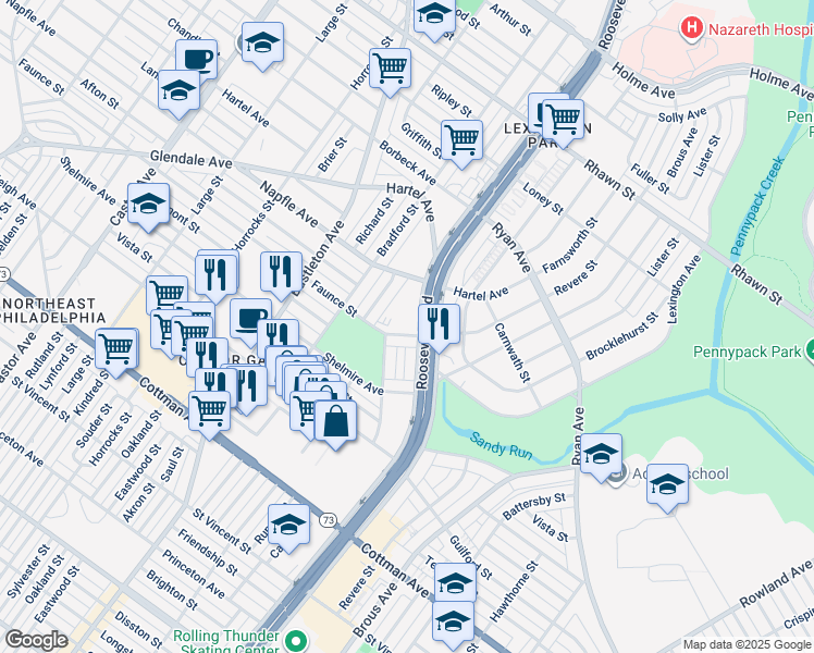 map of restaurants, bars, coffee shops, grocery stores, and more near 7600 Roosevelt Boulevard in Philadelphia