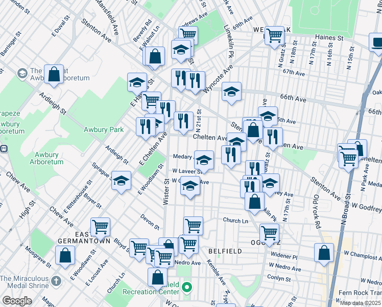map of restaurants, bars, coffee shops, grocery stores, and more near 2115 Medary Avenue in Philadelphia
