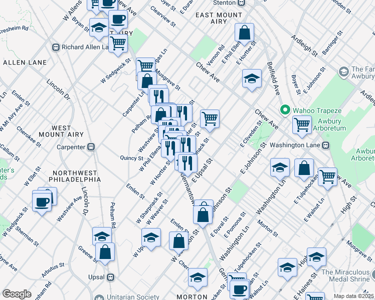 map of restaurants, bars, coffee shops, grocery stores, and more near East Montana Street in Philadelphia