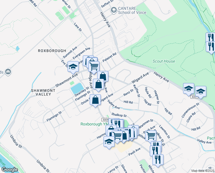 map of restaurants, bars, coffee shops, grocery stores, and more near 7525 Valley Avenue in Philadelphia