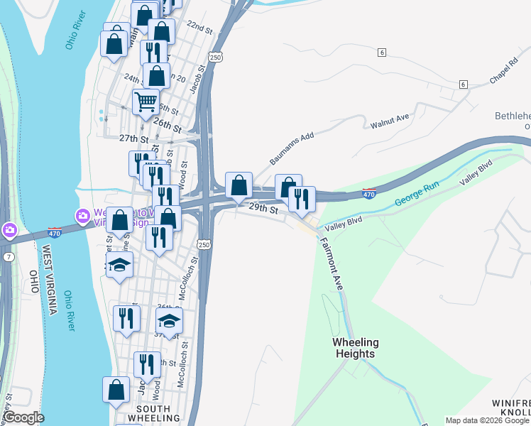 map of restaurants, bars, coffee shops, grocery stores, and more near 176 Pierce Street in Wheeling