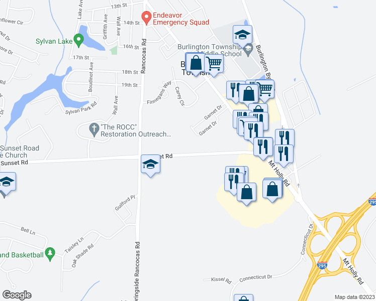 map of restaurants, bars, coffee shops, grocery stores, and more near 114 Sunset Road in Burlington