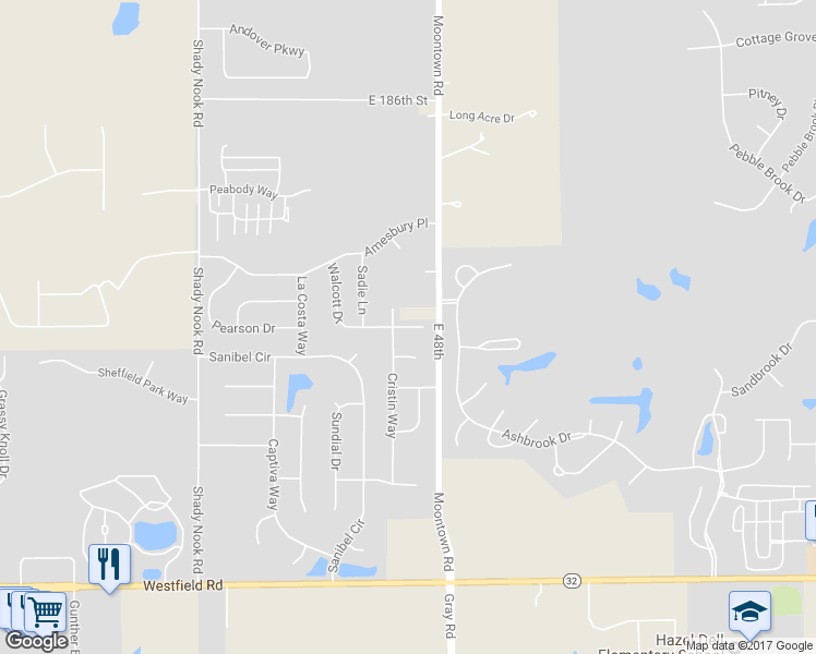 map of restaurants, bars, coffee shops, grocery stores, and more near 4730 Muscatine Circle in Westfield