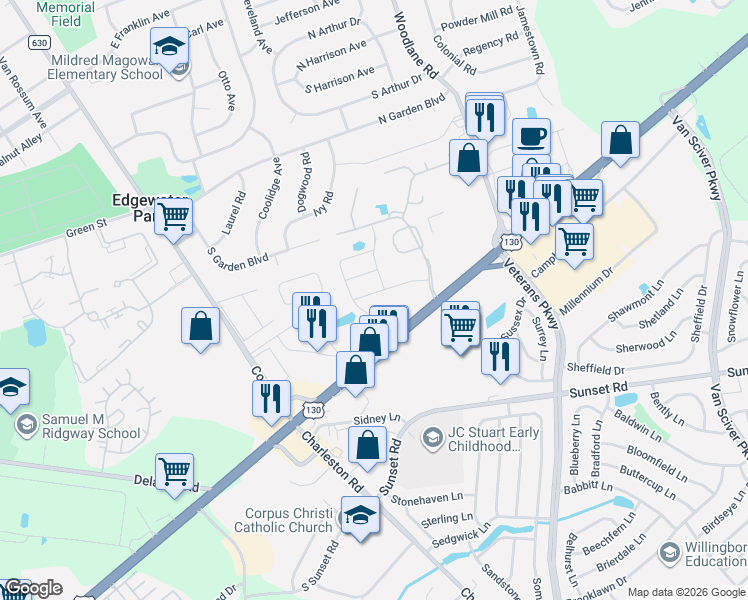 map of restaurants, bars, coffee shops, grocery stores, and more near 136 Alexander Road in Beverly