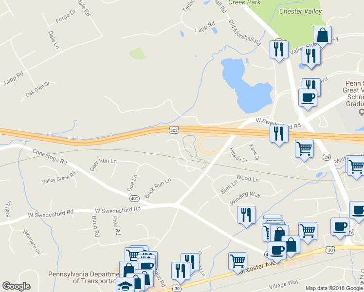 map of restaurants, bars, coffee shops, grocery stores, and more near 43 Knickerbocker Lane in Malvern