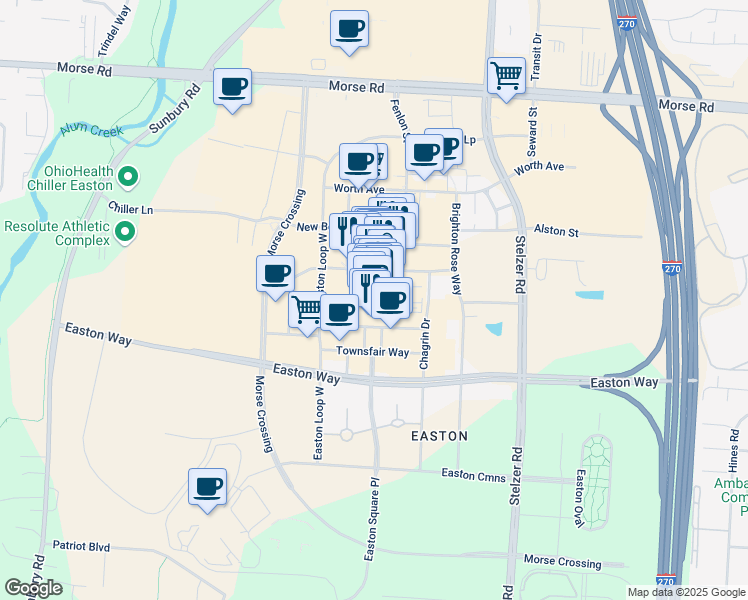 map of restaurants, bars, coffee shops, grocery stores, and more near 241 Easton Town Center in Columbus