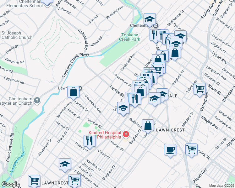 map of restaurants, bars, coffee shops, grocery stores, and more near 6427 Shelbourne Street in Philadelphia