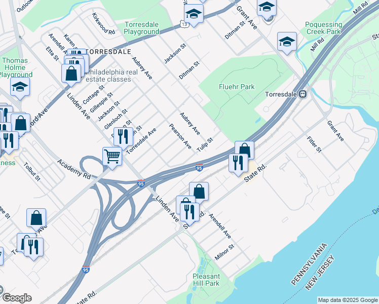 map of restaurants, bars, coffee shops, grocery stores, and more near 4824 Pearson Avenue in Philadelphia