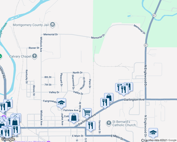 map of restaurants, bars, coffee shops, grocery stores, and more near 1004 North Drive in Crawfordsville