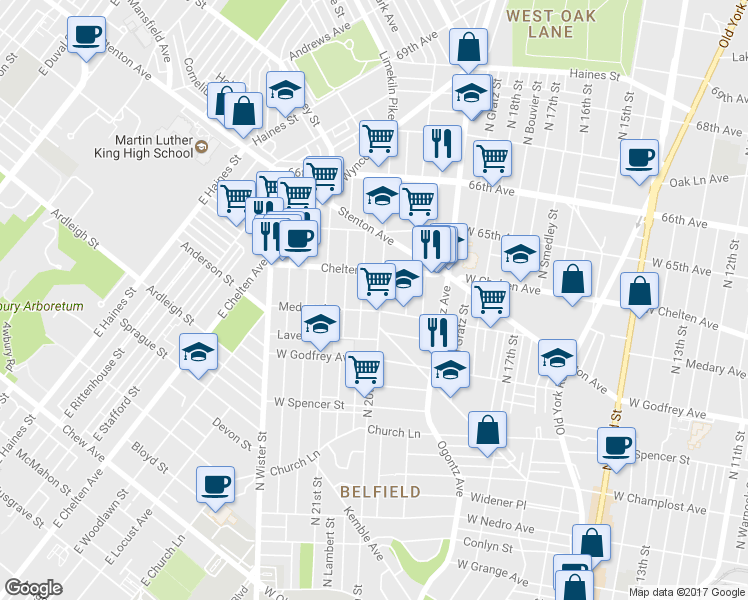 map of restaurants, bars, coffee shops, grocery stores, and more near 6308 Limekiln Pike in Philadelphia