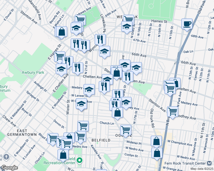 map of restaurants, bars, coffee shops, grocery stores, and more near 6320 North Opal Street in Philadelphia