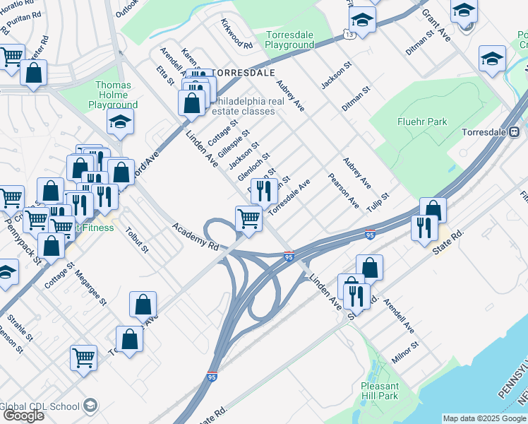 map of restaurants, bars, coffee shops, grocery stores, and more near 4621 Linden Avenue in Philadelphia