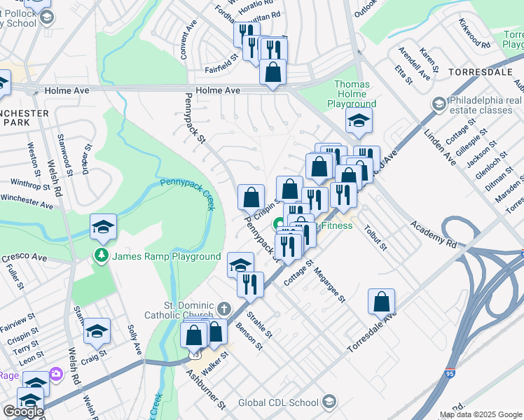 map of restaurants, bars, coffee shops, grocery stores, and more near 8724 Crispin Drive in Philadelphia