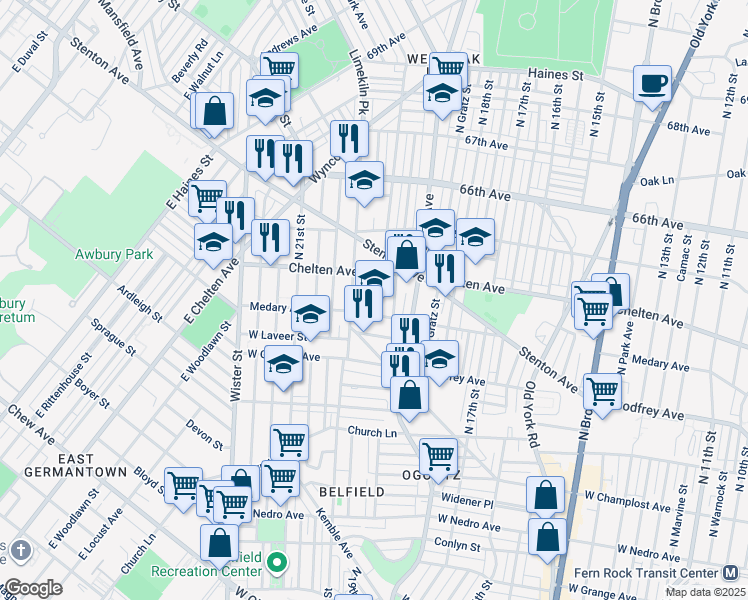 map of restaurants, bars, coffee shops, grocery stores, and more near 6320 North Opal Street in Philadelphia