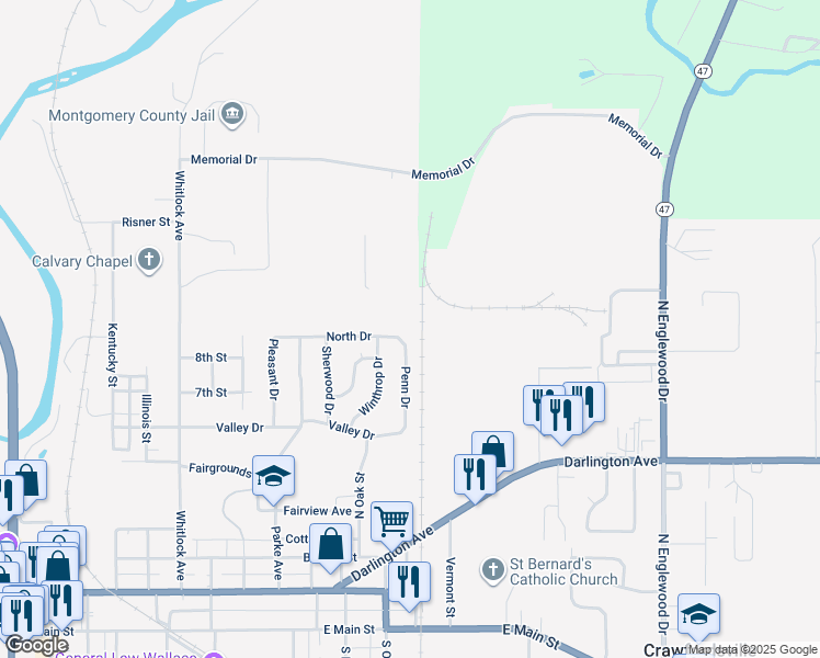 map of restaurants, bars, coffee shops, grocery stores, and more near 1004 North Drive in Crawfordsville