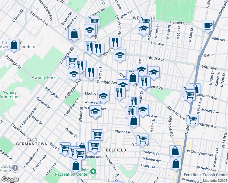 map of restaurants, bars, coffee shops, grocery stores, and more near 6308 Limekiln Pike in Philadelphia
