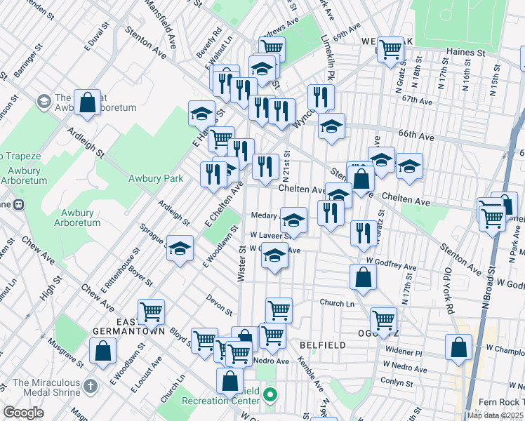 map of restaurants, bars, coffee shops, grocery stores, and more near 2137 Medary Avenue in Philadelphia