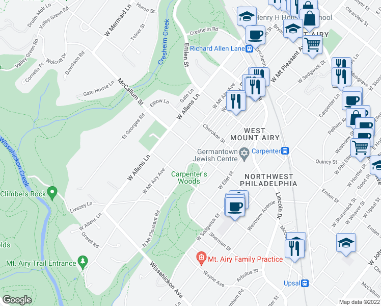 map of restaurants, bars, coffee shops, grocery stores, and more near 7118 McCallum Street in Philadelphia