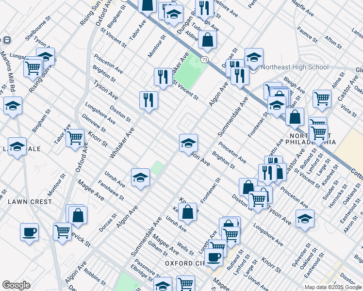 map of restaurants, bars, coffee shops, grocery stores, and more near Tyson Ave & Algon Ave in Philadelphia