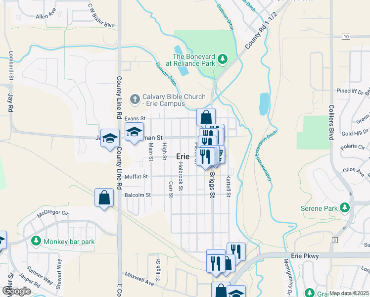 map of restaurants, bars, coffee shops, grocery stores, and more near 645 Holbrook Street in Erie