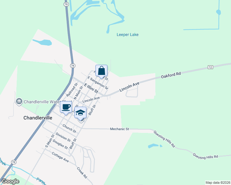 map of restaurants, bars, coffee shops, grocery stores, and more near Lincoln Avenue in Chandlerville