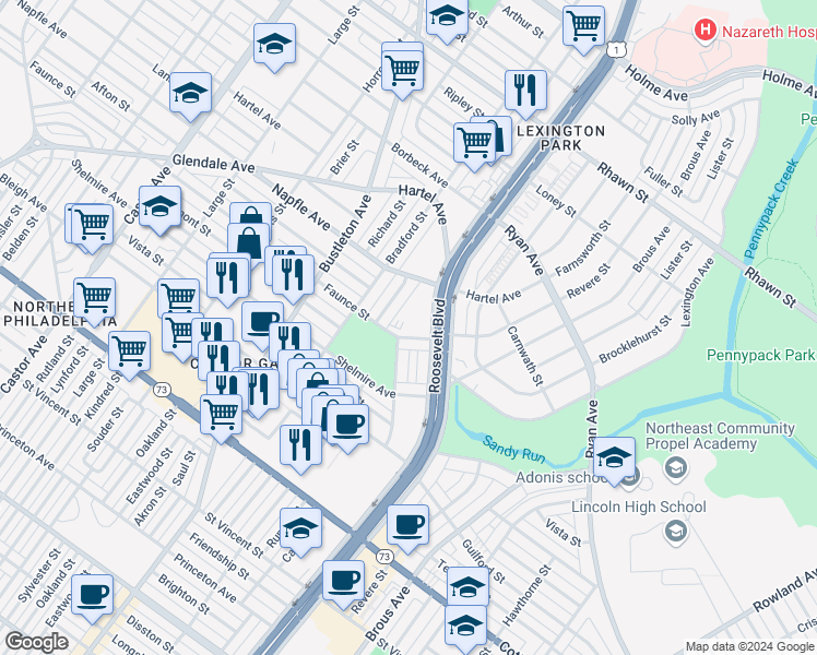 map of restaurants, bars, coffee shops, grocery stores, and more near 7623 Leonard Street in Philadelphia