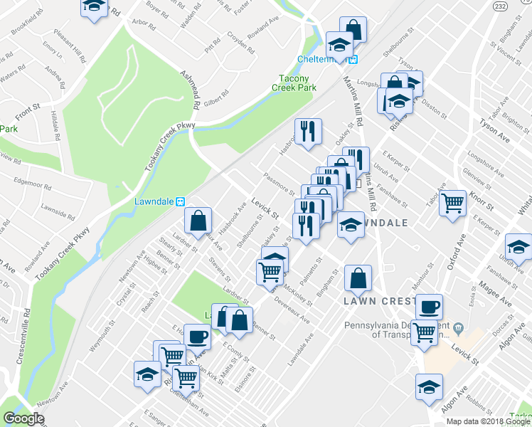 map of restaurants, bars, coffee shops, grocery stores, and more near 6427 Shelbourne Street in Philadelphia