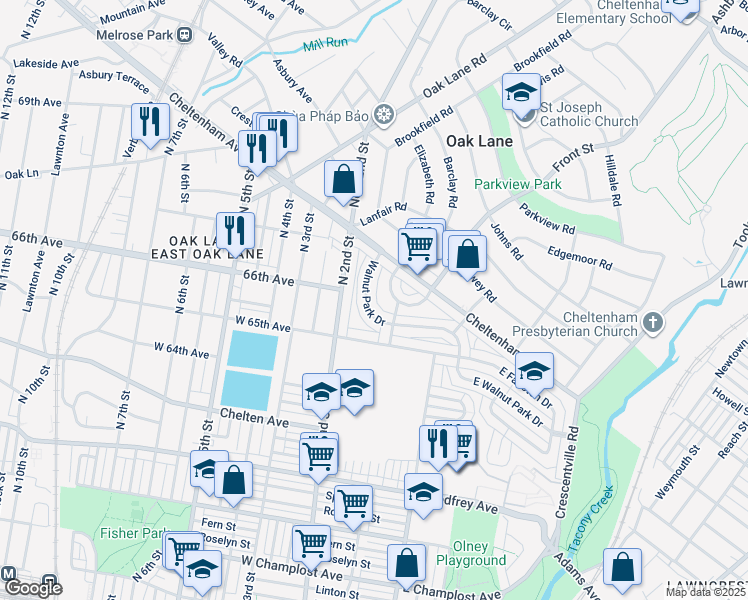 map of restaurants, bars, coffee shops, grocery stores, and more near 6533 Walnut Park Drive in Philadelphia
