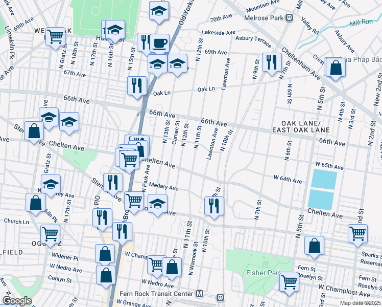 map of restaurants, bars, coffee shops, grocery stores, and more near 6455 North 12th Street in Philadelphia