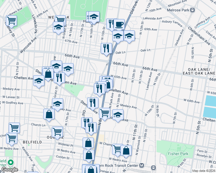 map of restaurants, bars, coffee shops, grocery stores, and more near 6451 Old York Road in Philadelphia