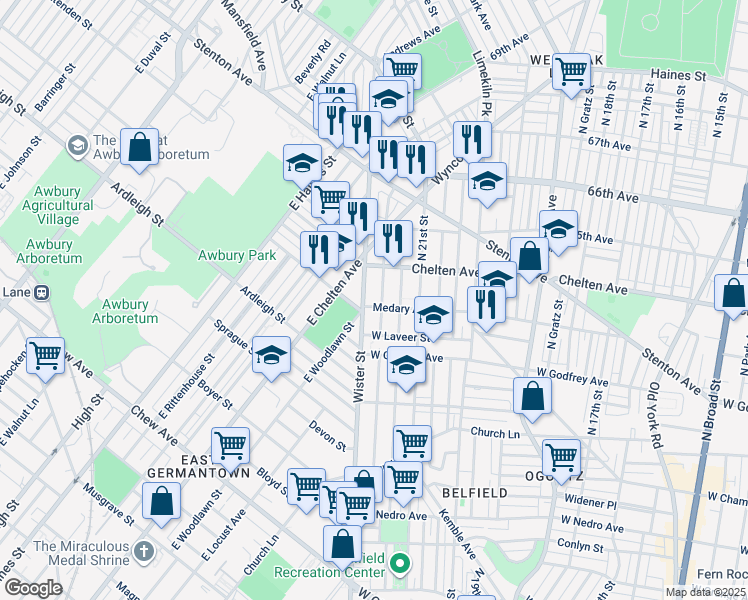 map of restaurants, bars, coffee shops, grocery stores, and more near 6335 Wister Street in Philadelphia