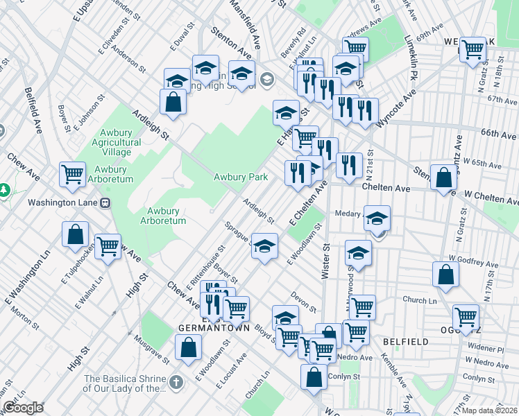 map of restaurants, bars, coffee shops, grocery stores, and more near 1121 East Rittenhouse Street in Philadelphia