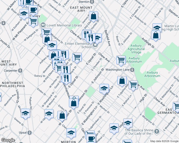 map of restaurants, bars, coffee shops, grocery stores, and more near 6492 Lensen Street in Philadelphia