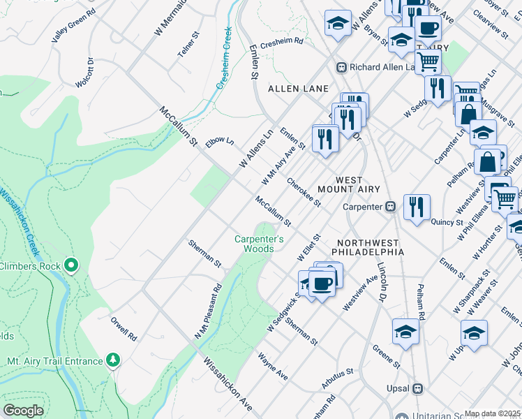 map of restaurants, bars, coffee shops, grocery stores, and more near 7118 McCallum Street in Philadelphia