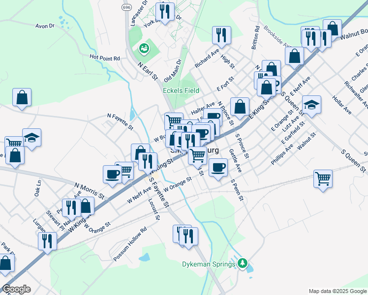 map of restaurants, bars, coffee shops, grocery stores, and more near 28 North Earl Street in Shippensburg