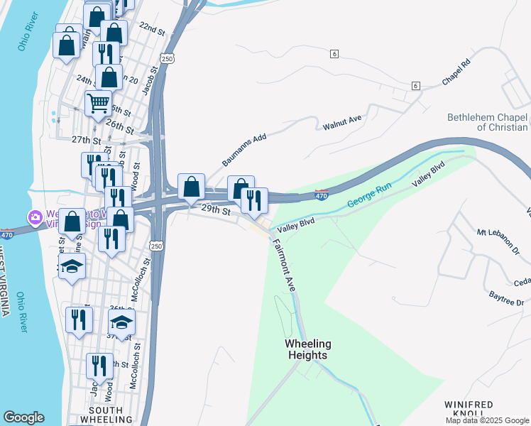 map of restaurants, bars, coffee shops, grocery stores, and more near Interstate 470 in Wheeling