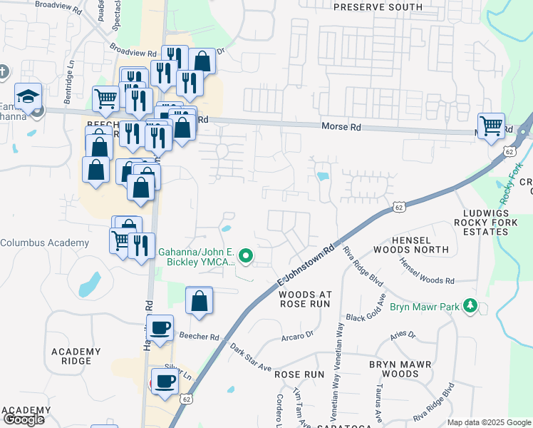 map of restaurants, bars, coffee shops, grocery stores, and more near 1268 Tobey Drive in Gahanna