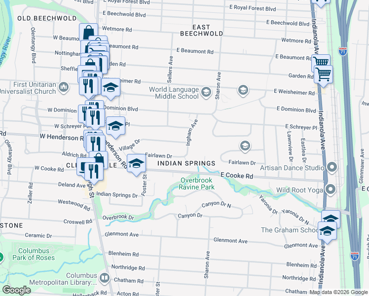 map of restaurants, bars, coffee shops, grocery stores, and more near 4330 Ingham Avenue in Columbus