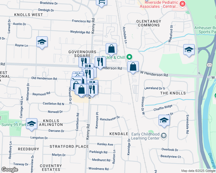 map of restaurants, bars, coffee shops, grocery stores, and more near 1003 Old Henderson Road in Columbus