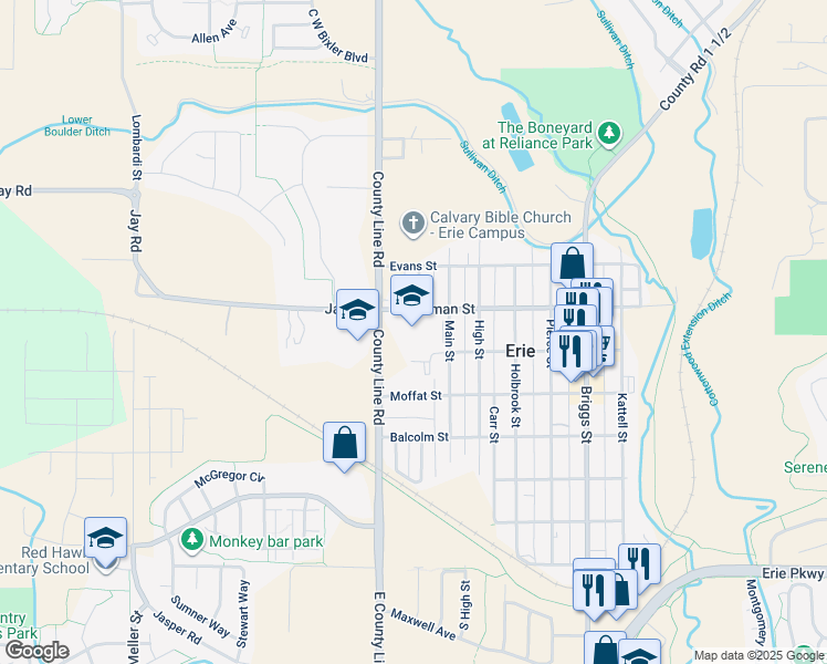 map of restaurants, bars, coffee shops, grocery stores, and more near 650 Main Street in Erie