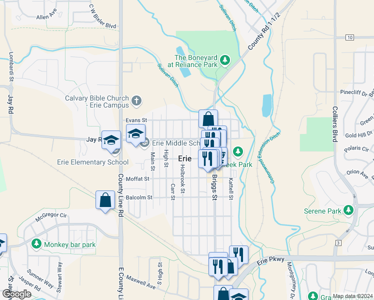 map of restaurants, bars, coffee shops, grocery stores, and more near 645 Holbrook Street in Erie